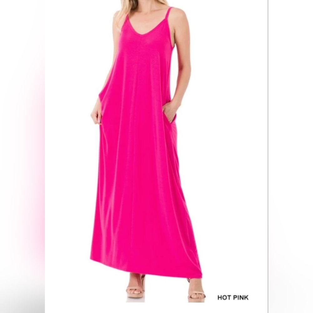 Bright pink long dress.